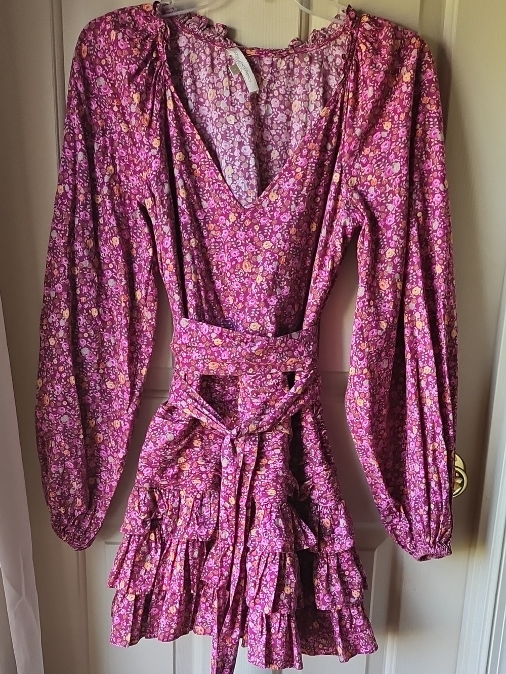 LoveShackFancy Pink Floral Long-Sleeve Wrap Mini Dress
